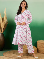 Sangria Floral Printed Pure Cotton Anarkali Kurta With Trouser | Grocsy