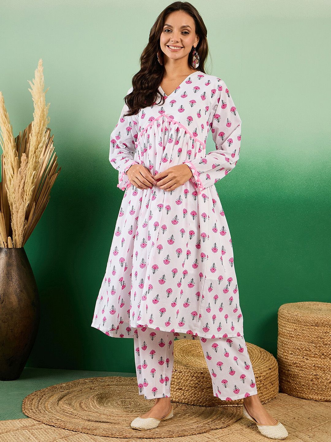 Sangria Floral Printed Pure Cotton Anarkali Kurta With Trouser | Grocsy