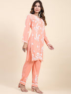 HOUSE OF KARI Floral Embroidered Chikankari Pure Cotton Kurta with Trousers | Grocsy