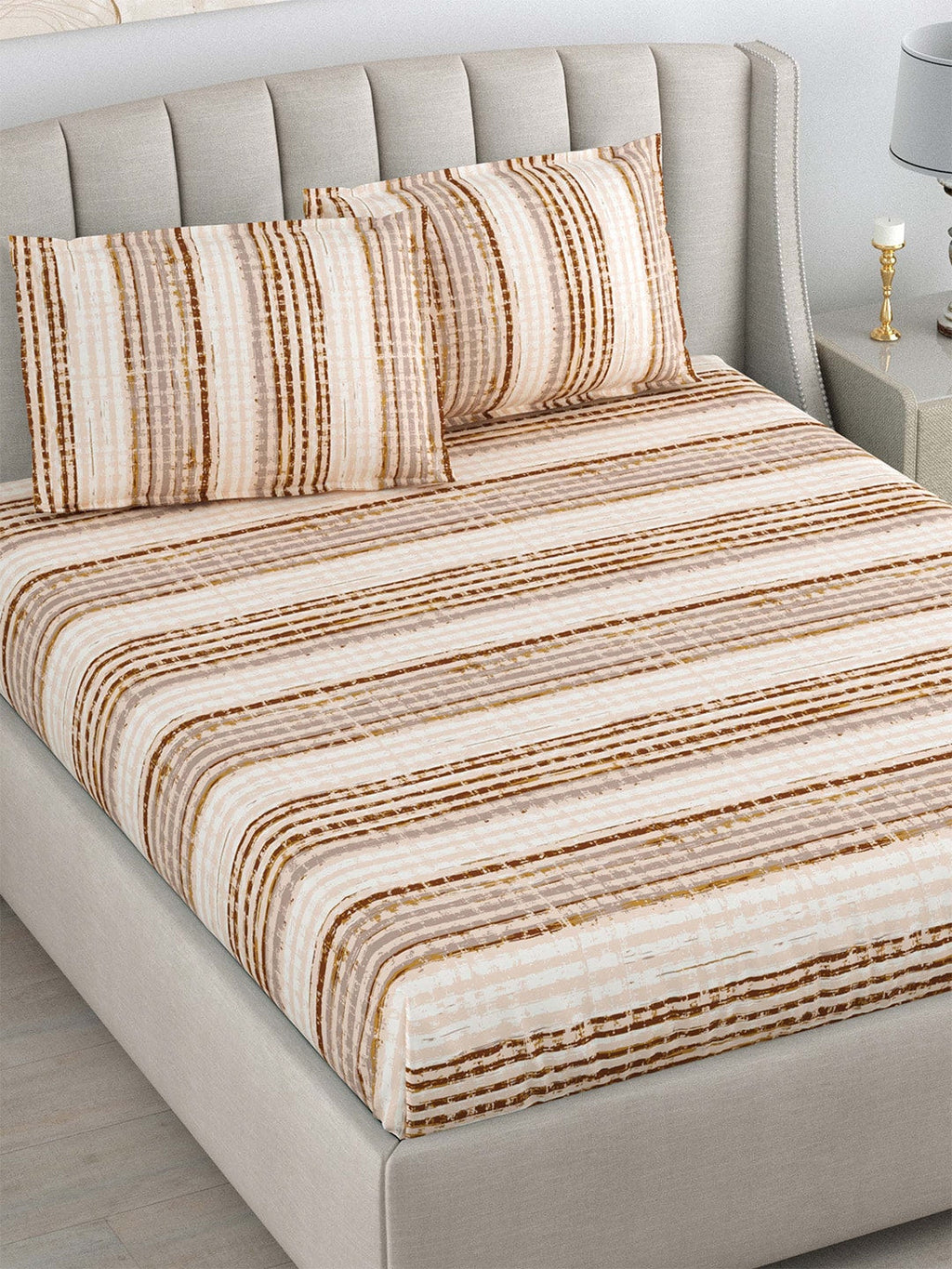 DREAM WEAVERZ Beige & Brown Striped Pure Cotton 220 TC King Bedsheet With 2 Pillow Covers | Grocsy