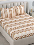 DREAM WEAVERZ Beige & Brown Striped Pure Cotton 220 TC King Bedsheet With 2 Pillow Covers | Grocsy