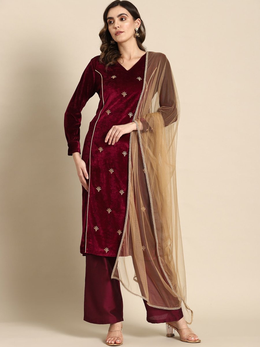 All About You Women Velvet Finish Woven Design Regular Kurta with Palazzos & Dupatta | Grocsy