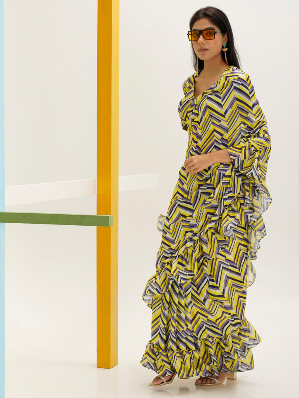 Tikhi Imli Geometric Digital Printed Ruffled Ready to Wear Saree | Grocsy