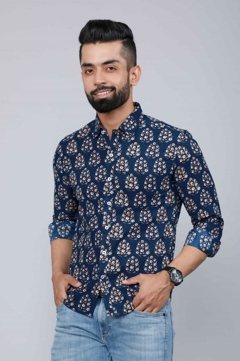 Miravan Men's Blue Floral Print Full Sleeve Casual Shirt | Grocsy