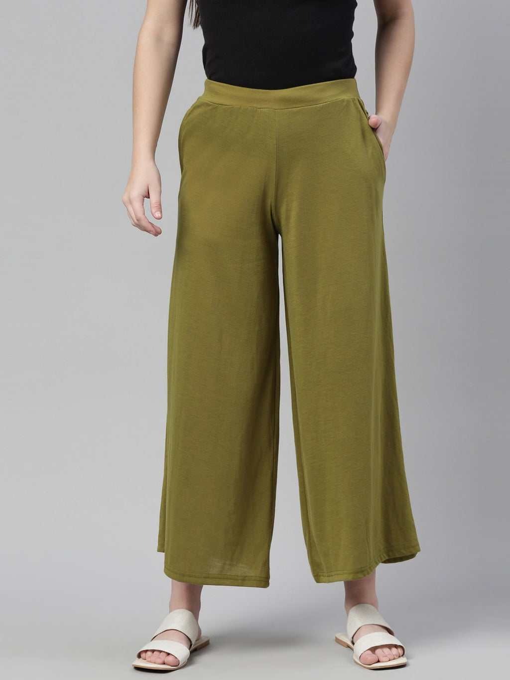 Souchii Olive Green Knitted Ethnic Palazzos | Grocsy