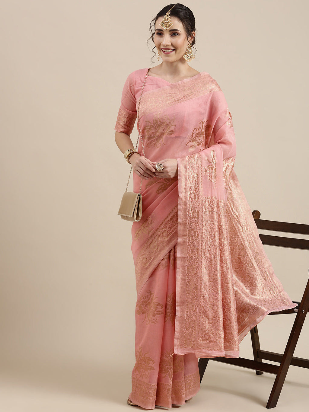 Saree Mall Pink Floral Linen Blend Banarasi Saree | Grocsy