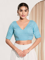 Joban Fashion Light Blue Crochet Padded Blouse With V Neck Elbow Sleeves | Grocsy