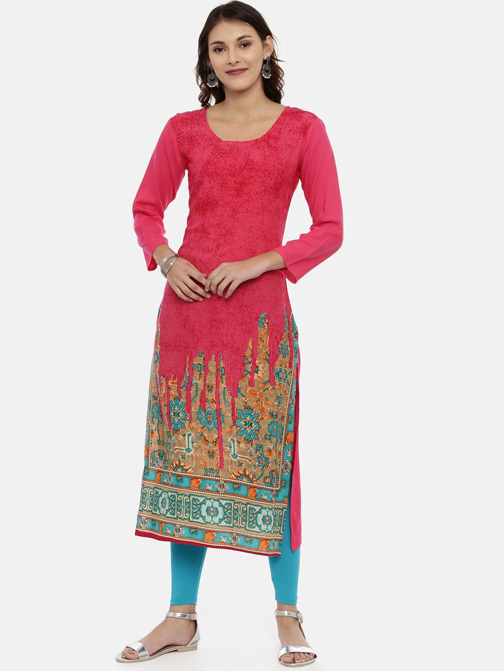 Souchii Pink & Mustard Yellow Printed Straight Kurta | Grocsy