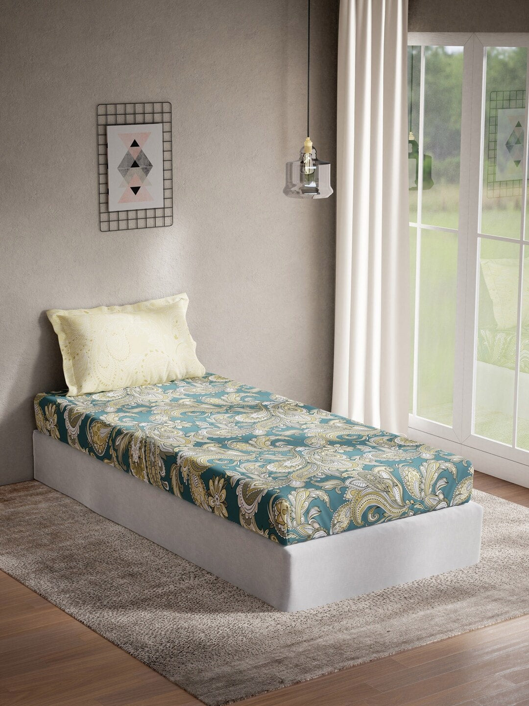 DDecor Green & Yellow Ethnic Motifs 144 TC Cotton Single Bedsheet with 1 Pillow Cover | Grocsy