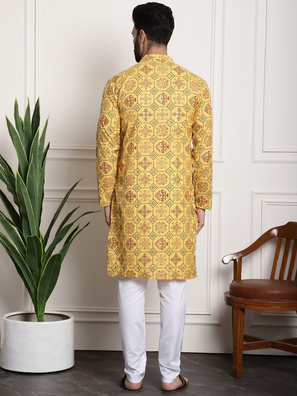 Sojanya Men Yellow Ethnic Motifs Printed Kurta with Churidar | Grocsy