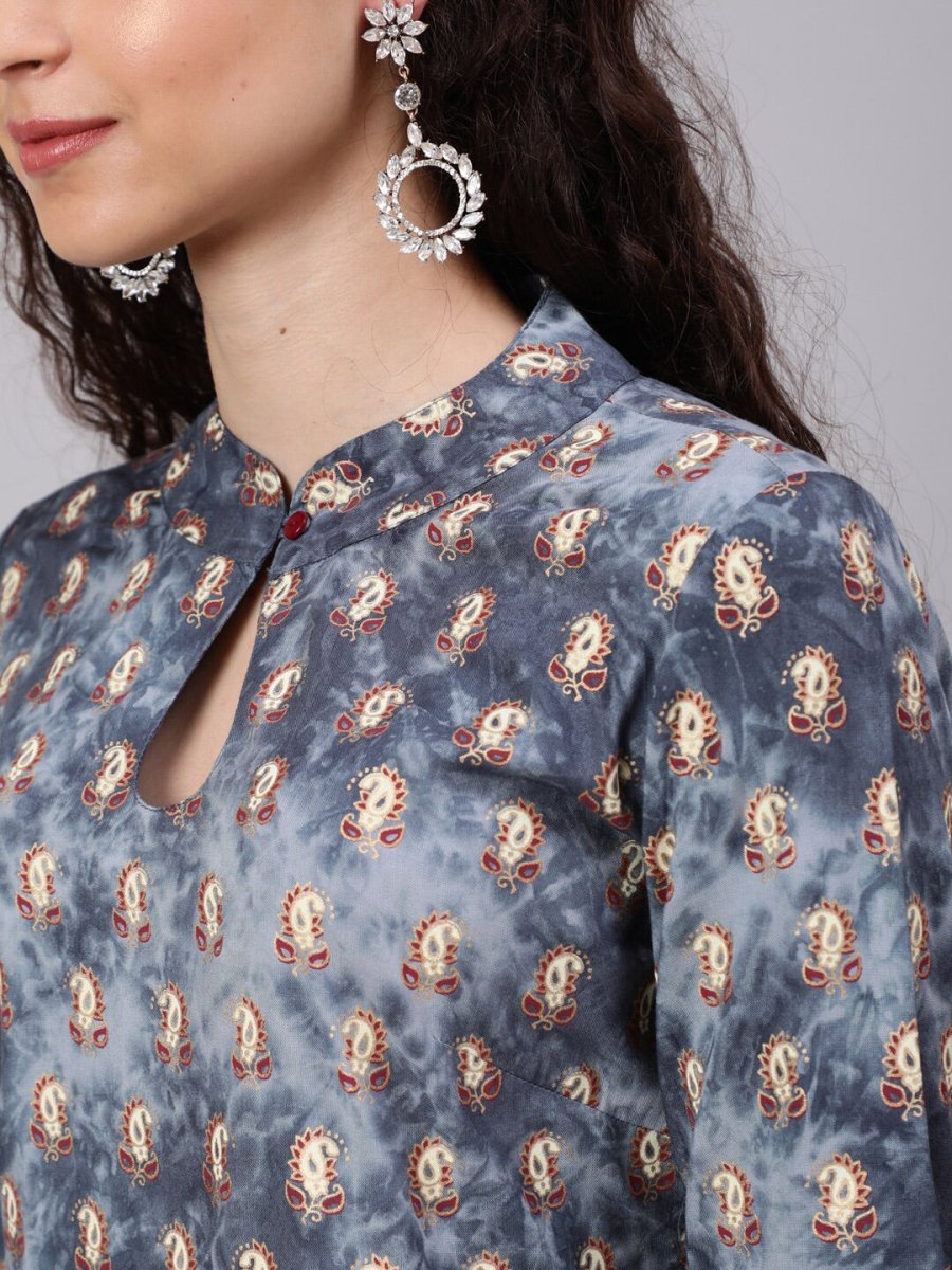 Aks Ethnic Motifs Printed Keyhole Neck Straight Kurta | Grocsy