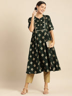 All About You Women Teal Green & Gold-Toned Ethnic Motifs Printed Mirror Work Kurta | Grocsy