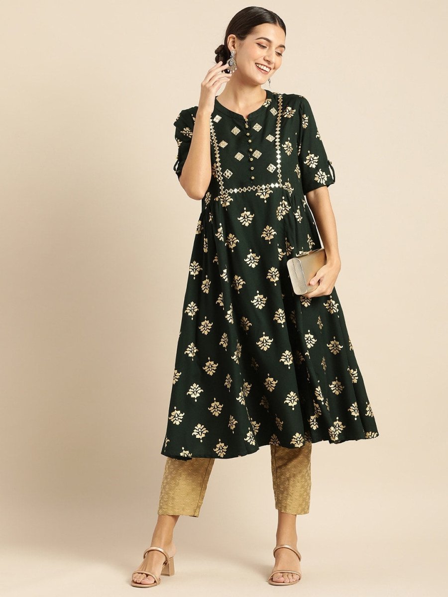 All About You Women Teal Green & Gold-Toned Ethnic Motifs Printed Mirror Work Kurta | Grocsy