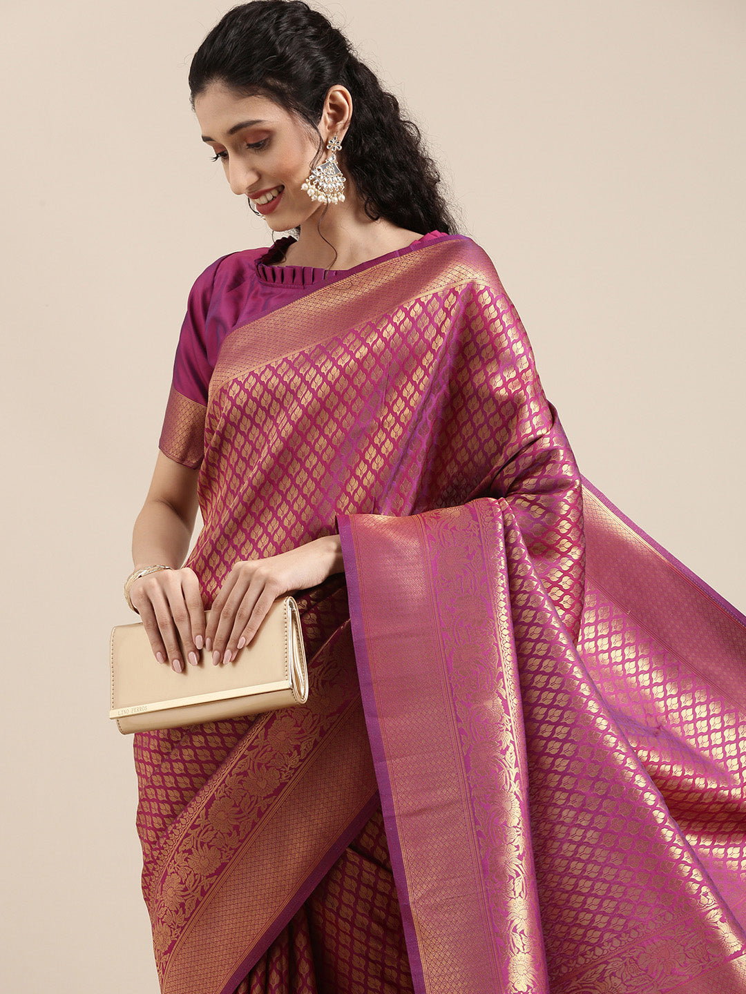 Saree Mall Magenta Ethnic Motifs Zari Silk Blend Banarasi Saree For Women | Grocsy