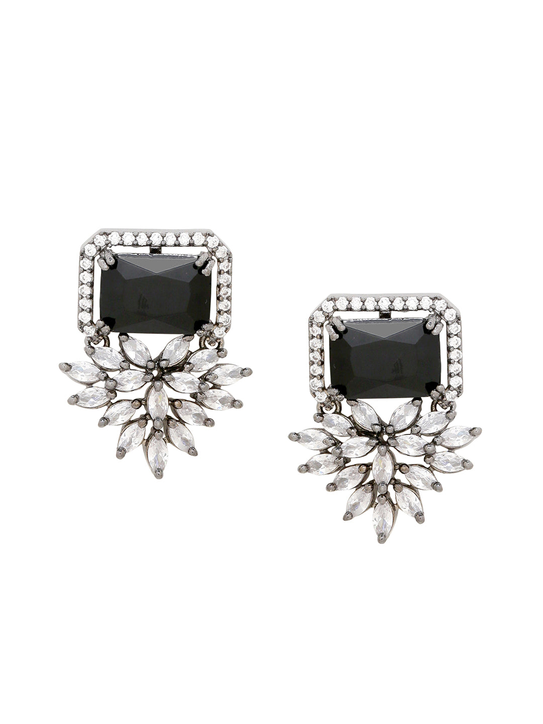 Shoshaa Silver-Plated & Black CZ Studded Contemporary Drop Earrings | Grocsy