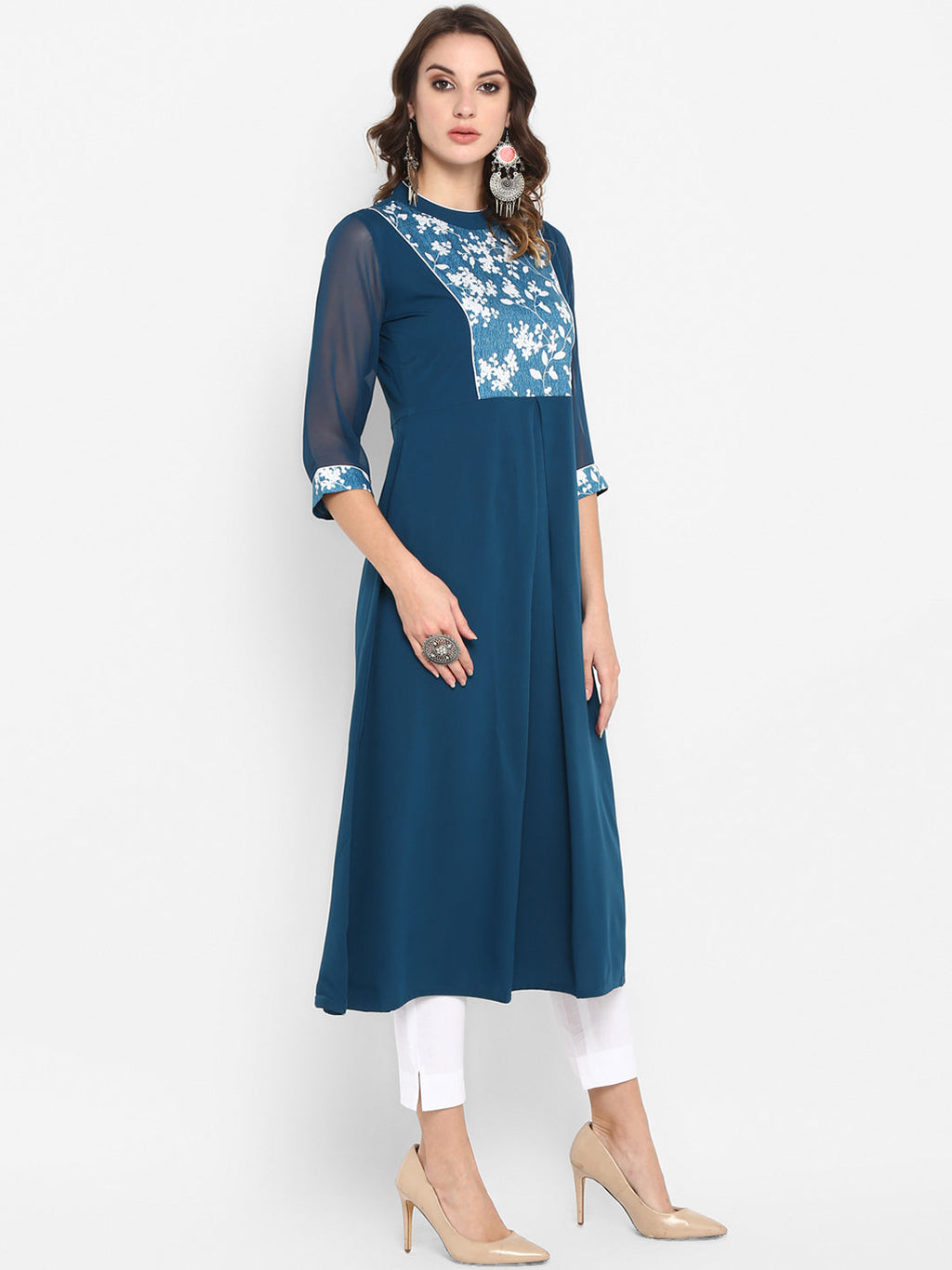 Janasya Women Turquoise Blue Yoke Design Anarkali Kurta | Grocsy
