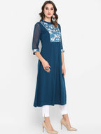 Janasya Women Turquoise Blue Yoke Design Anarkali Kurta | Grocsy