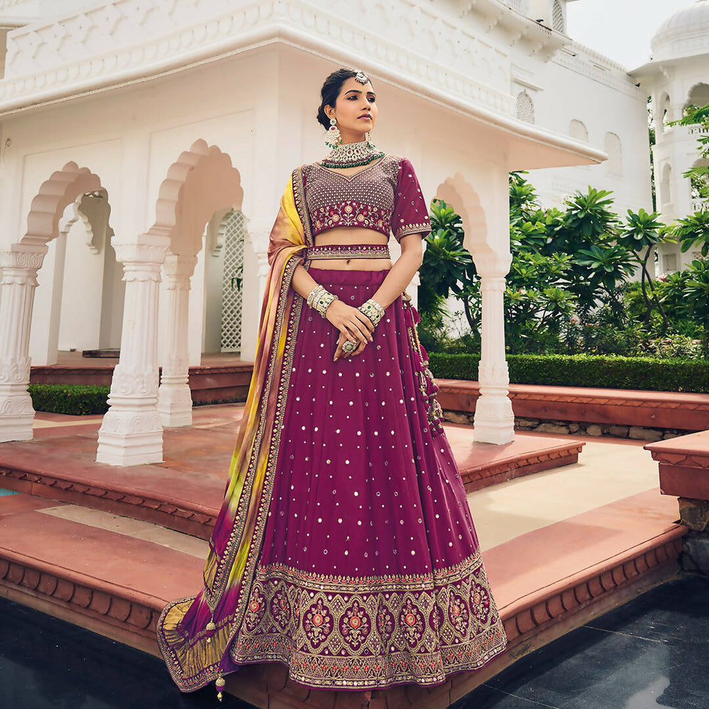 Wine Heavy Viscose Khatli, Embroidery & Mirror Work Unstitched Lehenga Choli - Sisha Keshav | Grocsy