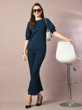 Myshka Women's Blue Solid Boat Neck Party Top With Trousers Co-ord set | Grocsy