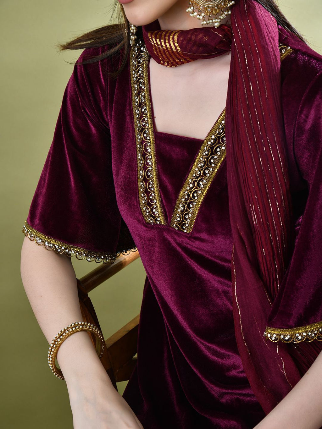 Sangria Yoke Design Velvet Kurta & Dhoti Pants With Dupatta | Grocsy