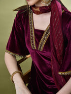 Sangria Yoke Design Velvet Kurta & Dhoti Pants With Dupatta | Grocsy