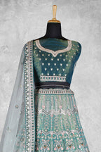 Teal Velvet Hand work Semi Stitched Lehenga Choli with Dupatta - Nimaya Lagnotsav | Grocsy