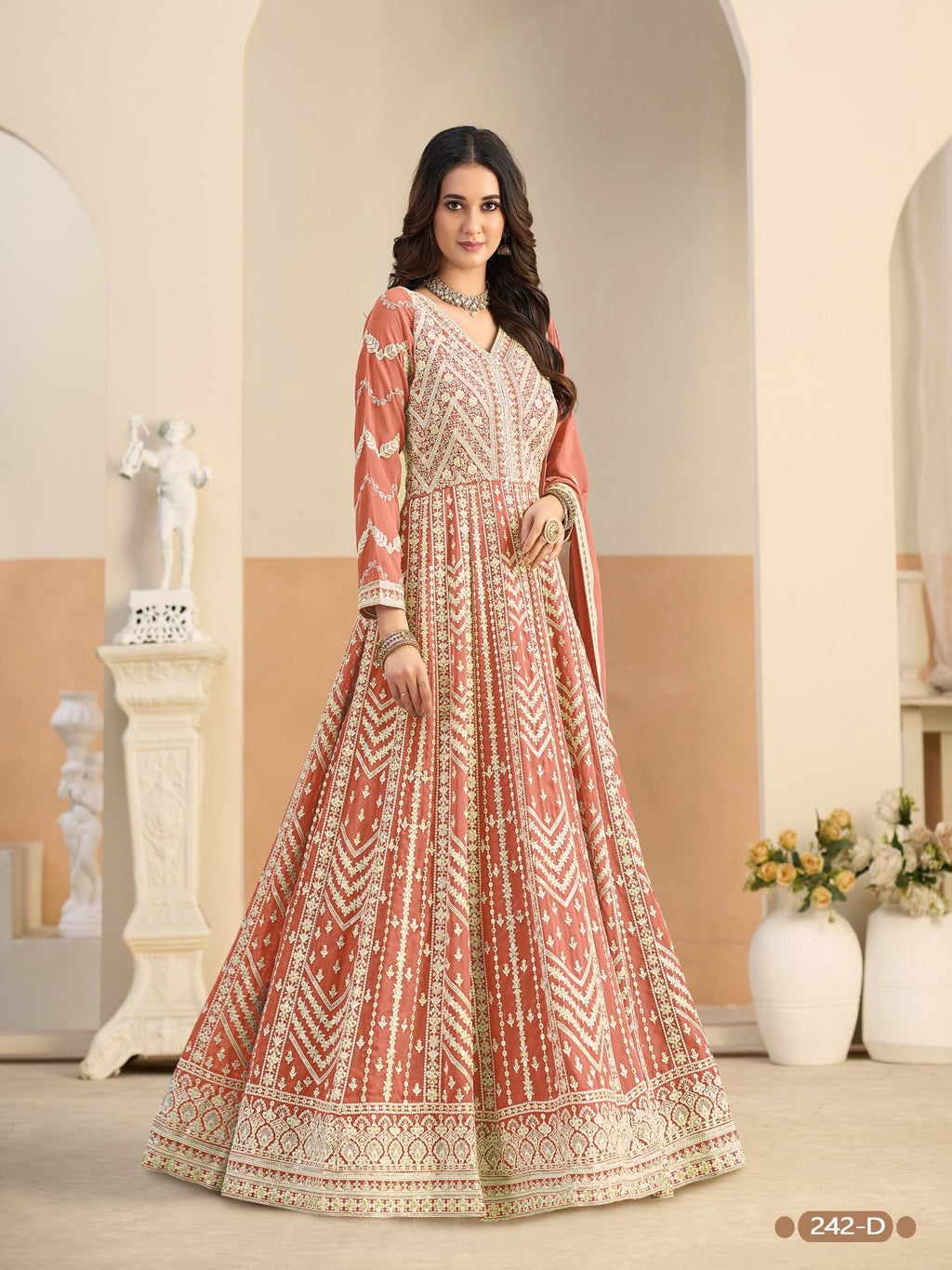 Anaita Light Orange Heavy Embroidered Faux Georgette Anarkali Suit With Salwar | Grocsy