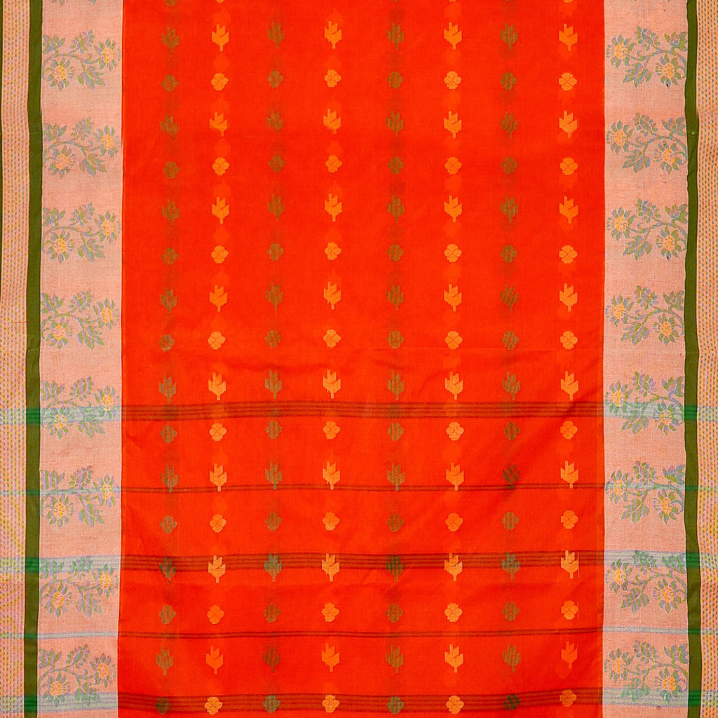 Exclusive Collection 100% Pure Cotton Tomato Red Tant Saree With Hand Weaving Work | Grocsy