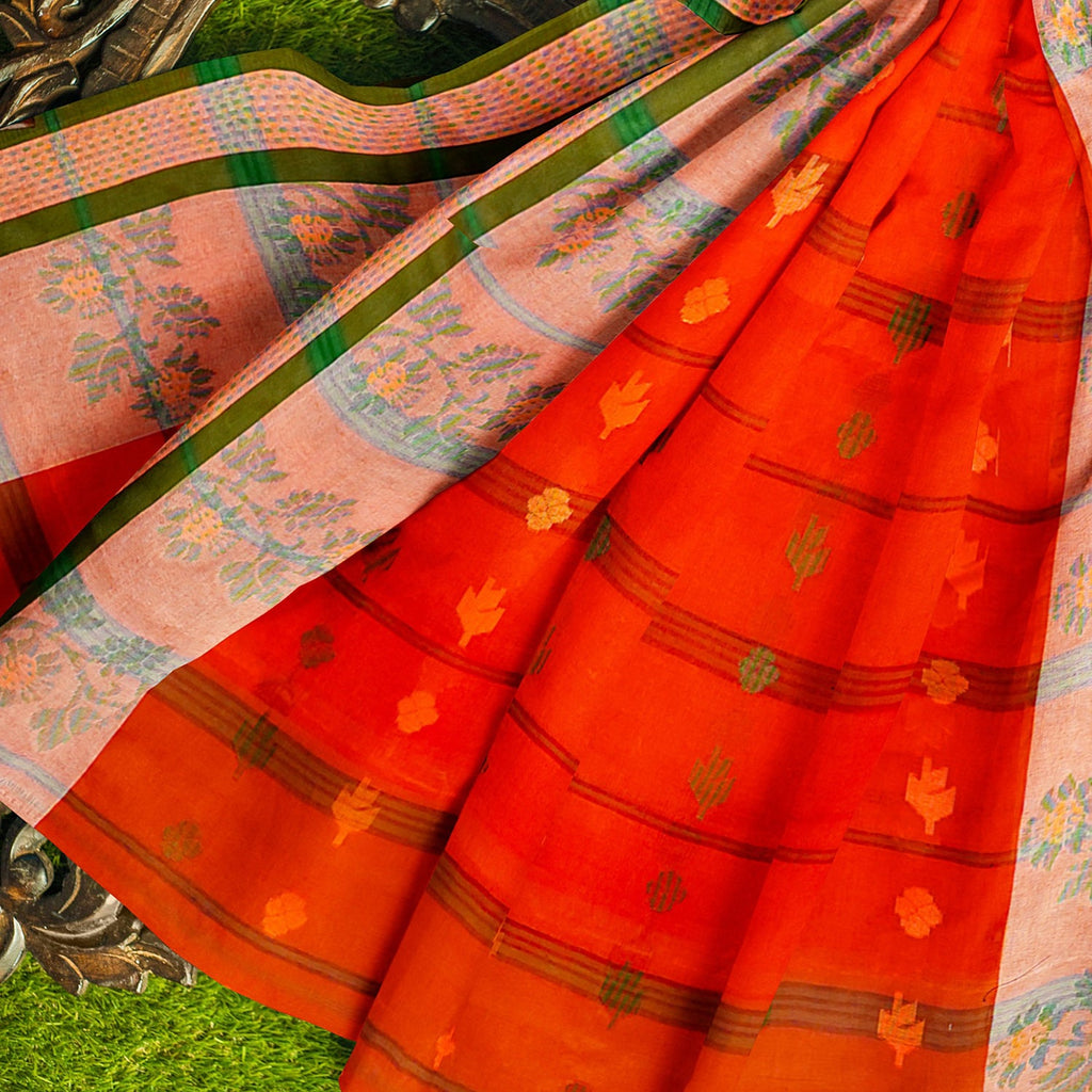 Exclusive Collection 100% Pure Cotton Tomato Red Tant Saree With Hand Weaving Work | Grocsy