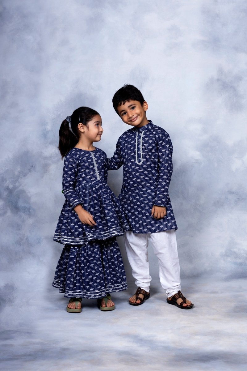Ahalyaa Boys Navy Blue Pure Cotton Digital Print Kids Kurta Churidar Set | Grocsy