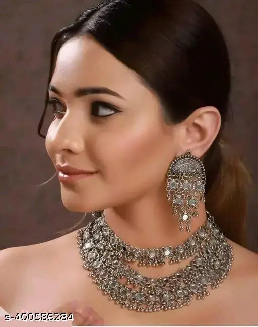 Tehzeeb Creations Women's Silver Colour Antique Necklace And Earrings With Mirror Work - Swadesiicart
