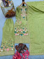 Anaita Green Chinon Readymade Suit With Embroidery & Diamond Work | Grocsy