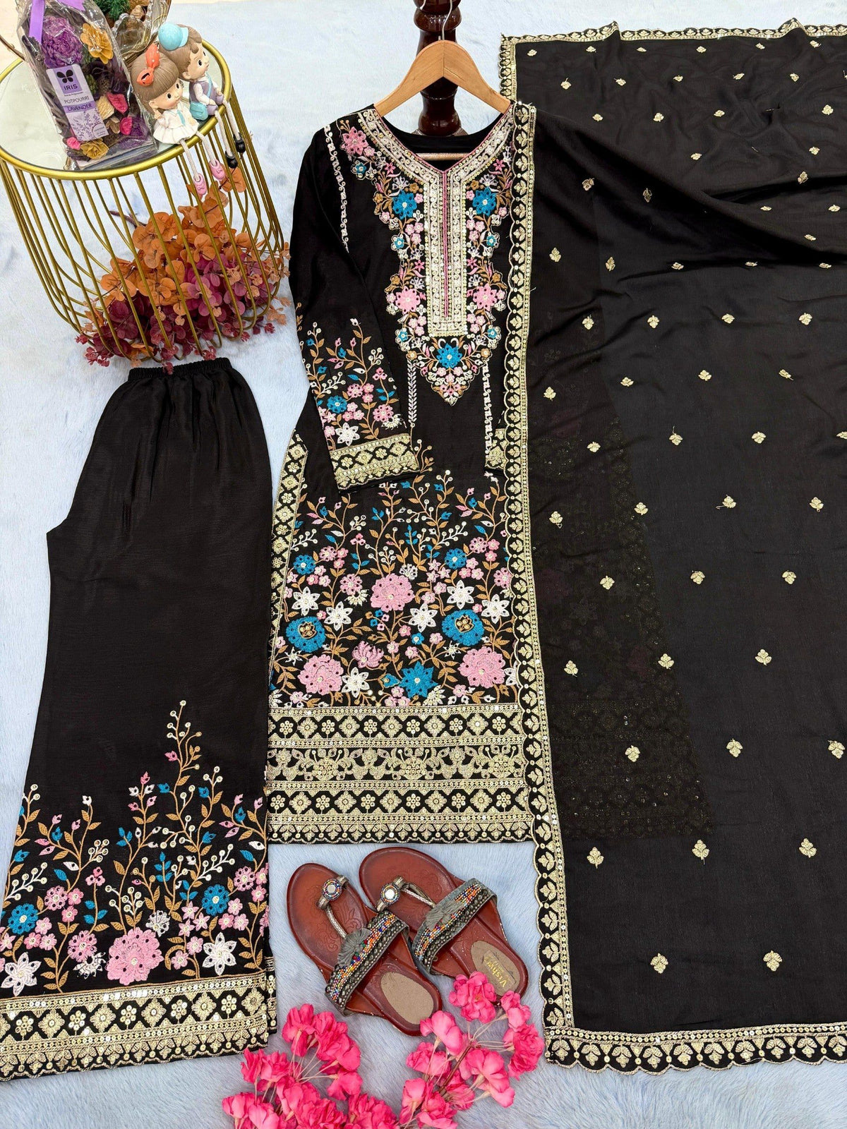 Anaita Black Chinon Readymade Suit with Embroidery & Diamond Work | Grocsy