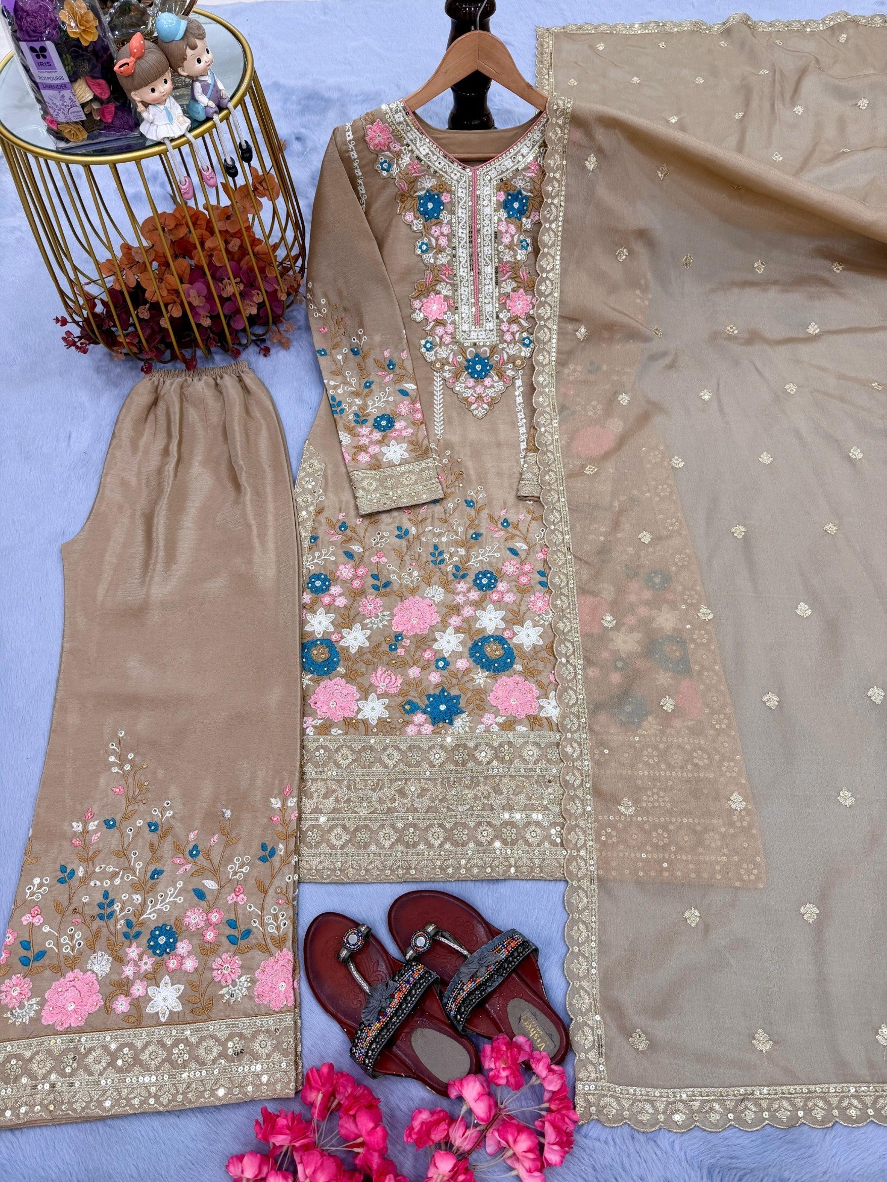 Anaita Beige Chinon Readymade Suit with Embroidery & Diamond Work | Grocsy