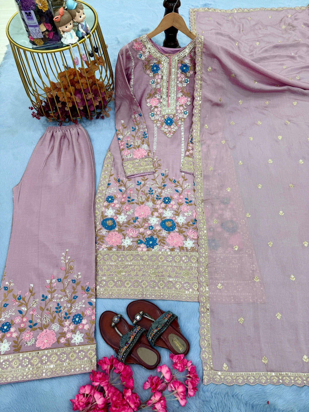 Anaita Lavender Chinon Readymade Suit with Embroidery & Diamond Work | Grocsy