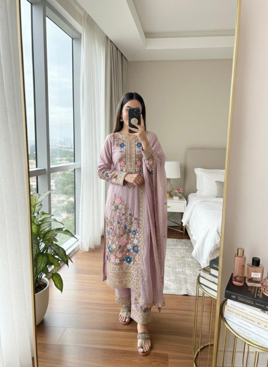 Anaita Lavender Chinon Readymade Suit with Embroidery & Diamond Work | Grocsy