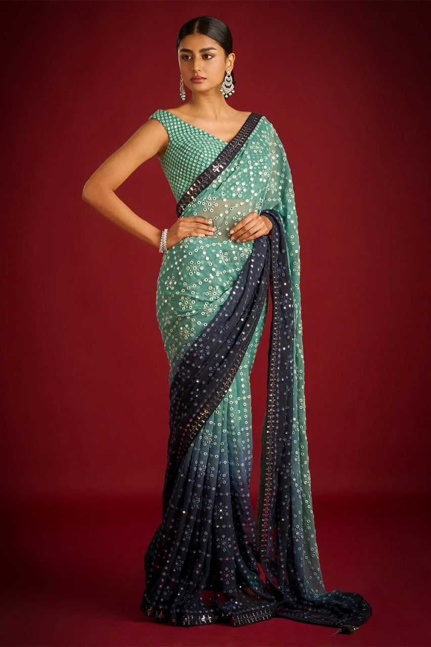 Teeya Creation Green Color Georgette Embroidery Work Saree | Grocsy