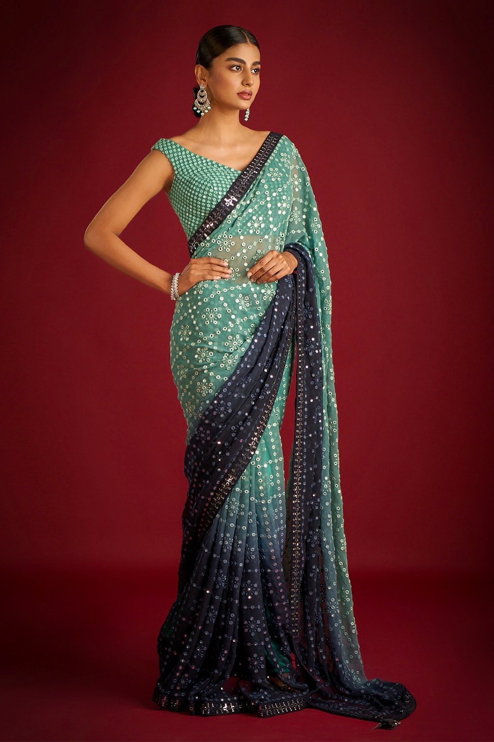 Teeya Creation Green Color Georgette Embroidery Work Saree | Grocsy
