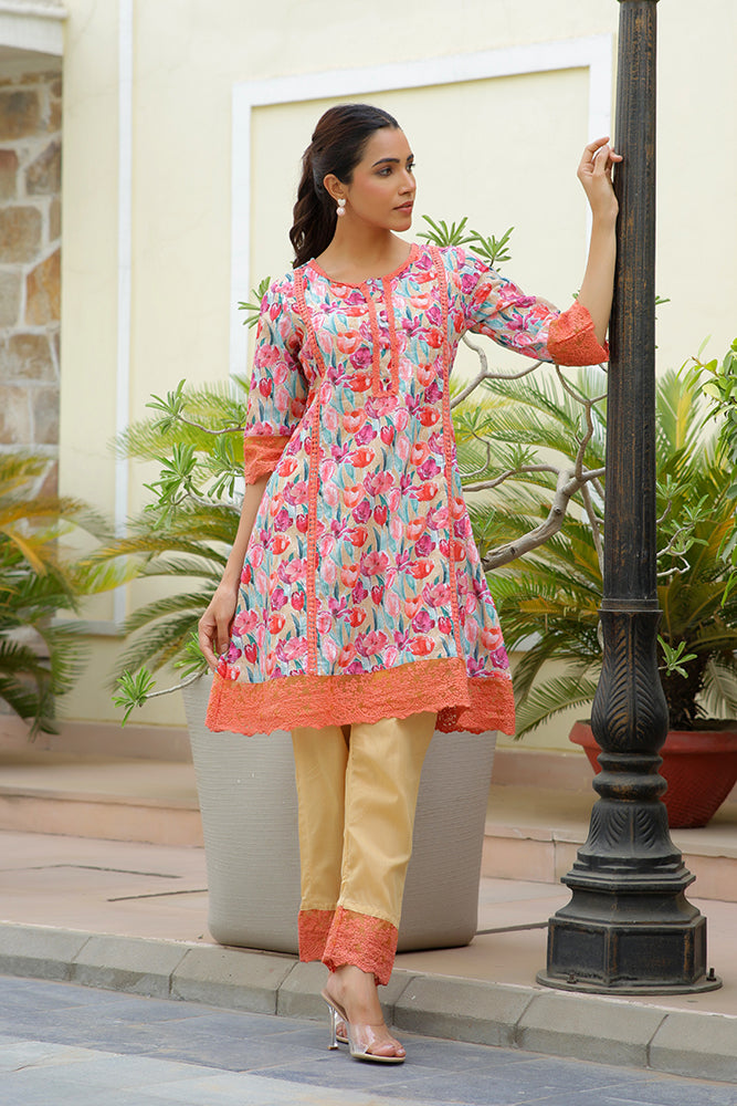 Vaasva Women Lemon Embroidered Printed Kurta Set With Laced Solid Pants | Grocsy