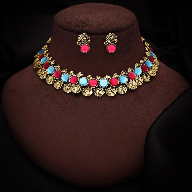 Tehzeeb Creations Sky Blue & Pink Colour Gold-Polished Stone Jewellery Choker Necklace Set With Matching Pair of Stud Earrings | Grocsy