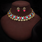 Tehzeeb Creations Sky Blue & Pink Colour Gold-Polished Stone Jewellery Choker Necklace Set With Matching Pair of Stud Earrings | Grocsy