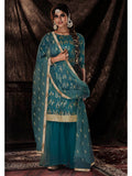 Myra Dark Firozi Net Embroidered Sharara Suit | Grocsy