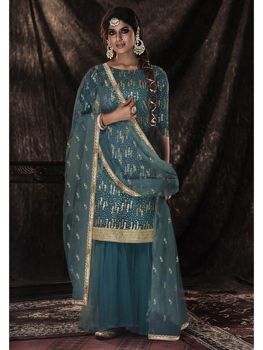 Myra Dark Firozi Net Embroidered Sharara Suit | Grocsy