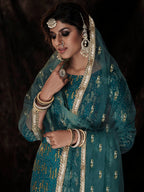 Myra Dark Firozi Net Embroidered Sharara Suit | Grocsy