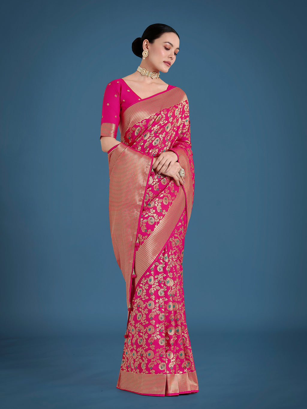 Monjolika Fashion Banarasi Silk Rani Pink Zaal Pattern Traditional Saree | Grocsy