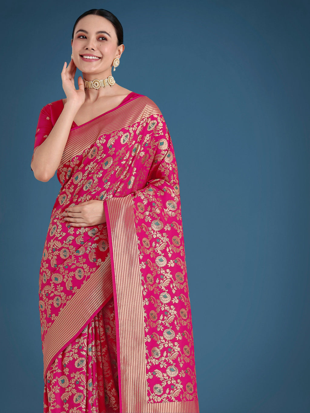 Monjolika Fashion Banarasi Silk Rani Pink Zaal Pattern Traditional Saree | Grocsy