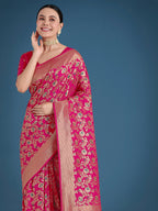 Monjolika Fashion Banarasi Silk Rani Pink Zaal Pattern Traditional Saree | Grocsy