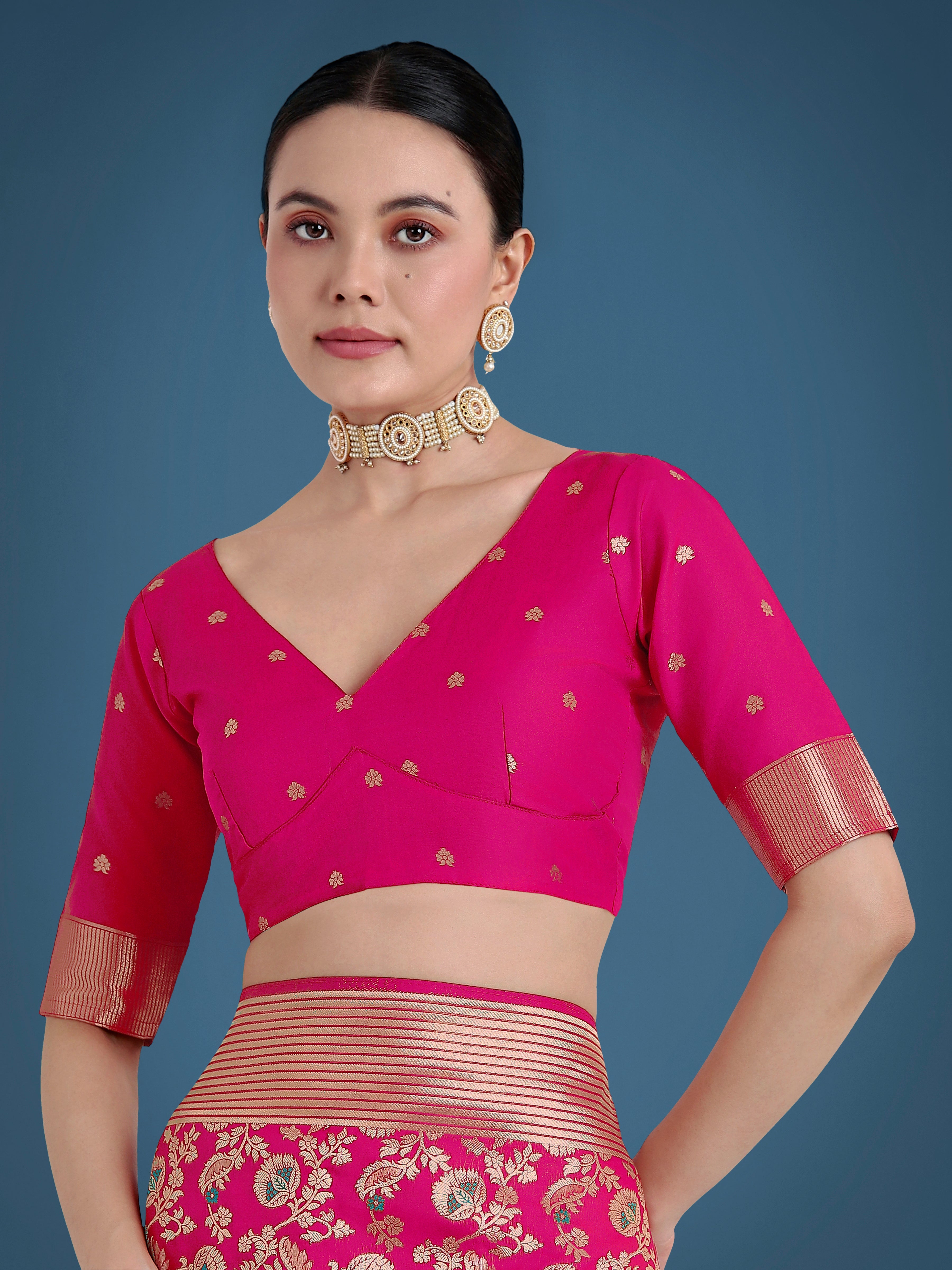 Monjolika Fashion Banarasi Silk Rani Pink Zaal Pattern Traditional Saree | Grocsy