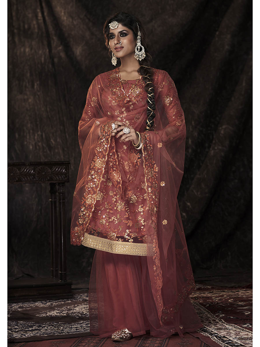 Myra Dark Orange Net Embroidered Sharara Suit | Grocsy