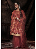 Myra Dark Orange Net Embroidered Sharara Suit | Grocsy